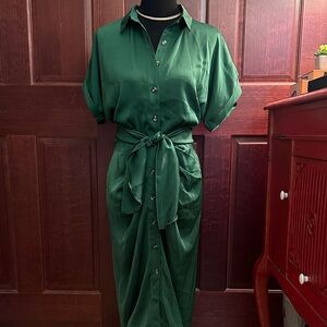 Green Shirred Midi Dress with Front Tie